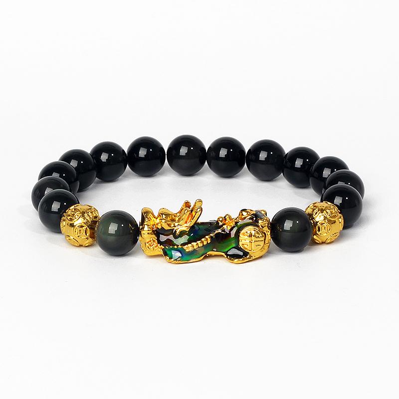 Feng Shui Black Obsidian Wealth Bracelets Men Color Changed Pi Xiu Bracelets Women 10mm Dragon Mantra Bead Bangle Lucky Jewelry