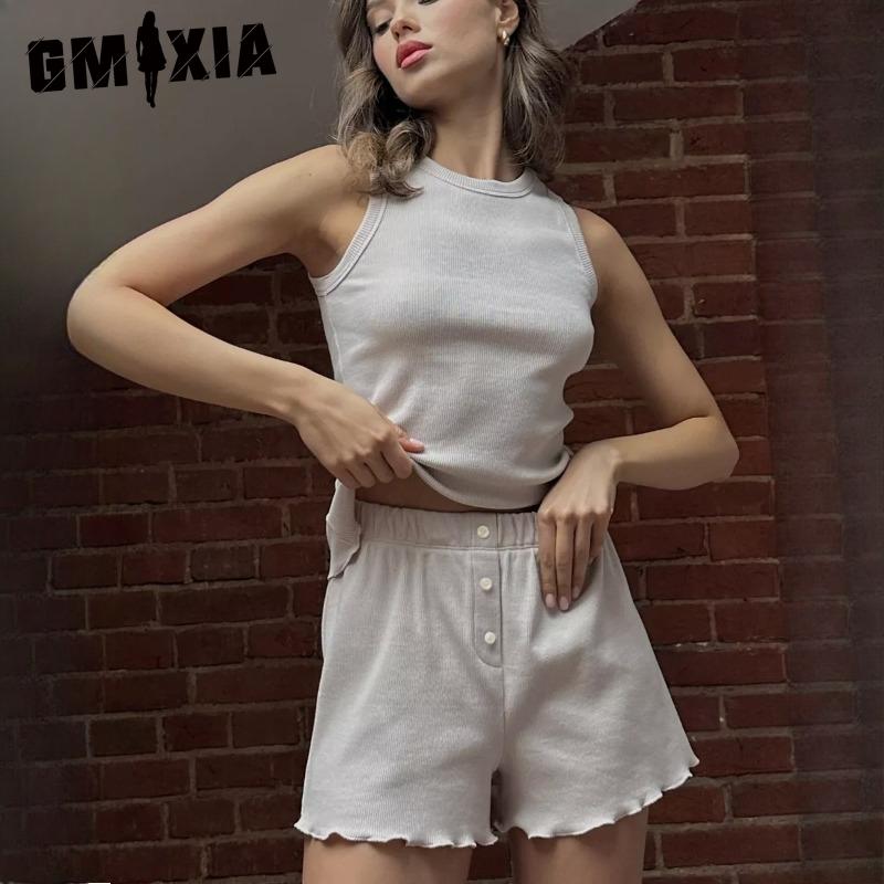 GMXIA Spring and Summer Pajamas Set Solid Colour Comfortable Vest Shorts Casual Loungewear Two-piece Set