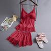 Women's Satin Pajamas Set Lace Cami Top And Shorts Two Piece Sleepwear with Built-in Bra Sexy Camisole Lounge Set