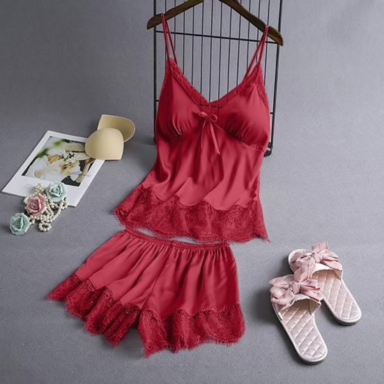 Women's Satin Pajamas Set Lace Cami Top And Shorts Two Piece Sleepwear with Built-in Bra Sexy Camisole Lounge Set