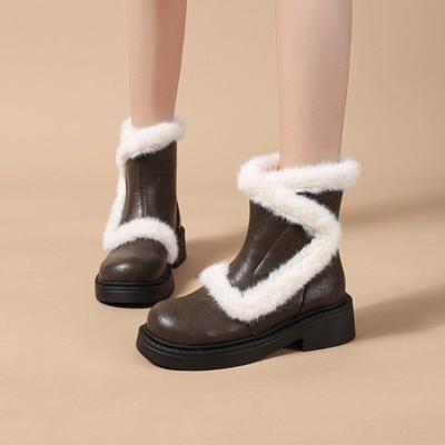 Winter Runde Spitze Klobige Schneestiefel für Damen Leder Plüsch Schuhwerk Trend 2025 Gepolsterte Stiefel Goth Pelzig Neu in Damenschuhen Sale