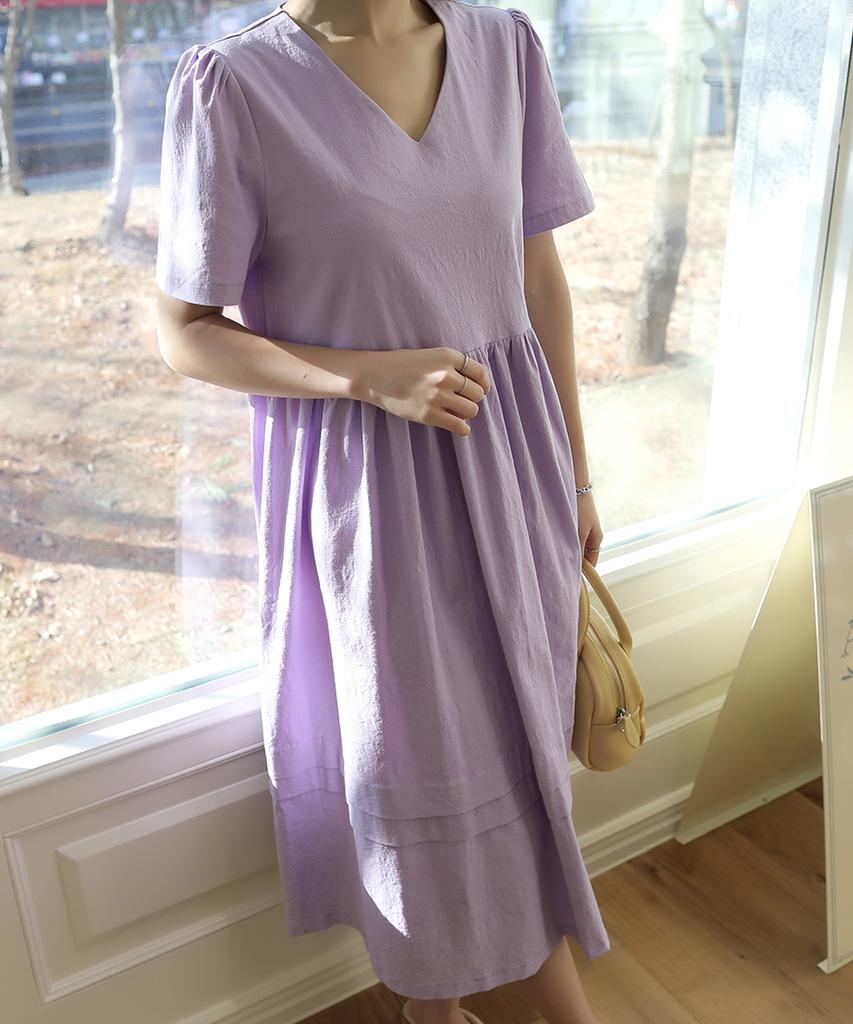 Ppaeppae V-Neck Fine Pleated Medium-Length Linen Dress