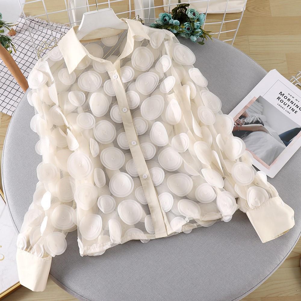 French Court-Inspired 3D Floral Chiffon Blouse with Hollow Lantern Sleeves