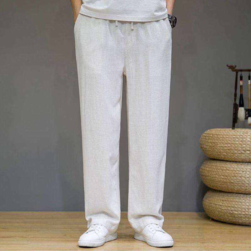 ROMON Men's Chinese Style Linen Blend Casual Straight-Leg Pants