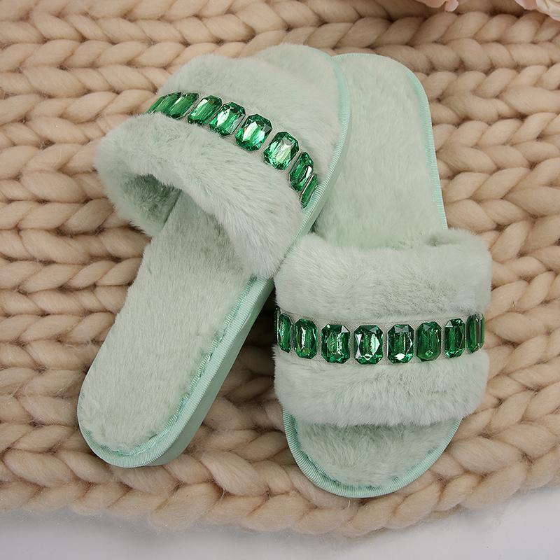 Fashion Rhinestone Fluffy House Slippers for Women 2025 Winter Warm Faux Fur Flat Slides Woman Open Toe One Strap Plush Slippers