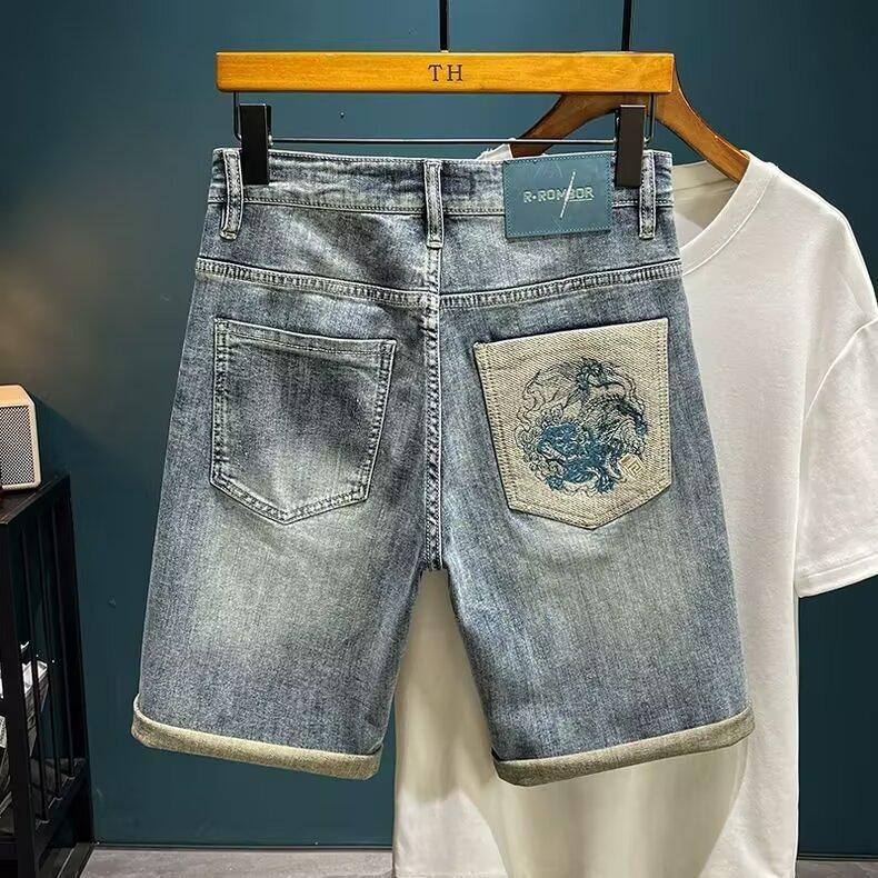 High-end ripped denim shorts men's summer new trendy brand ruffian handsome embroidered casual versatile five-point pants