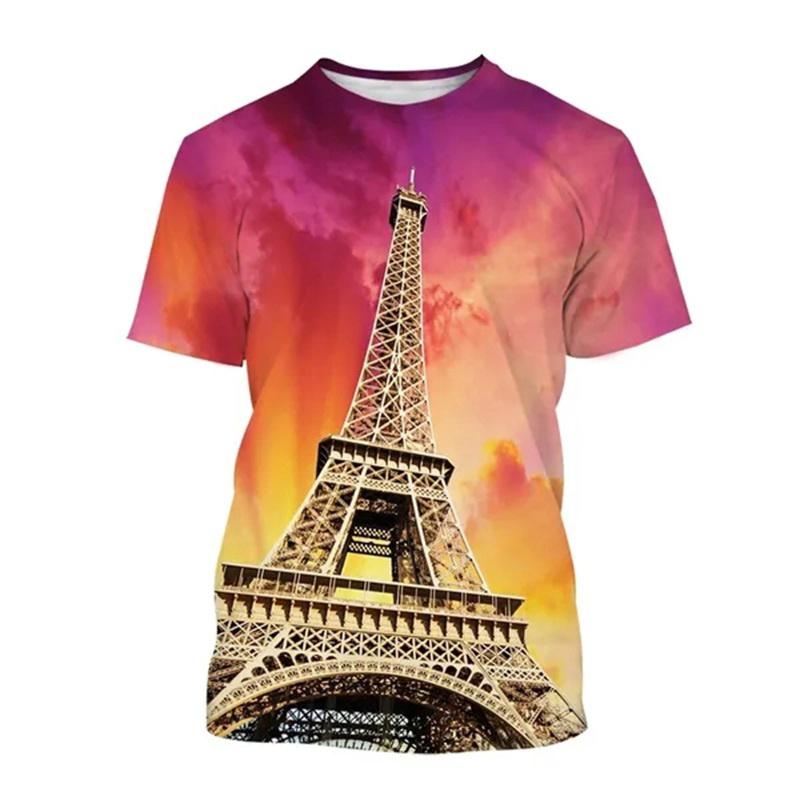 Paris Eiffel Tower 3D Print T-Shirts Streetwear Men Women Fashion Oversized O-Neck Short Sleeved T Shirt Tees Tops Clothing