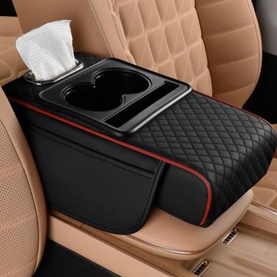 1PC Car Center Console Armrest Cushion Thicken Arm Rest Box Pad Side Extension Cushion with Cup Holder Tissue Box Organizer Bag Universal Armrest