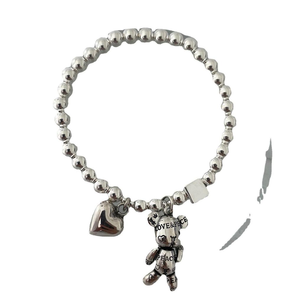 Korean S925 Silver Bear Bracelet: Retro Fashion Heart Bangle with Round Beads and Square Accents