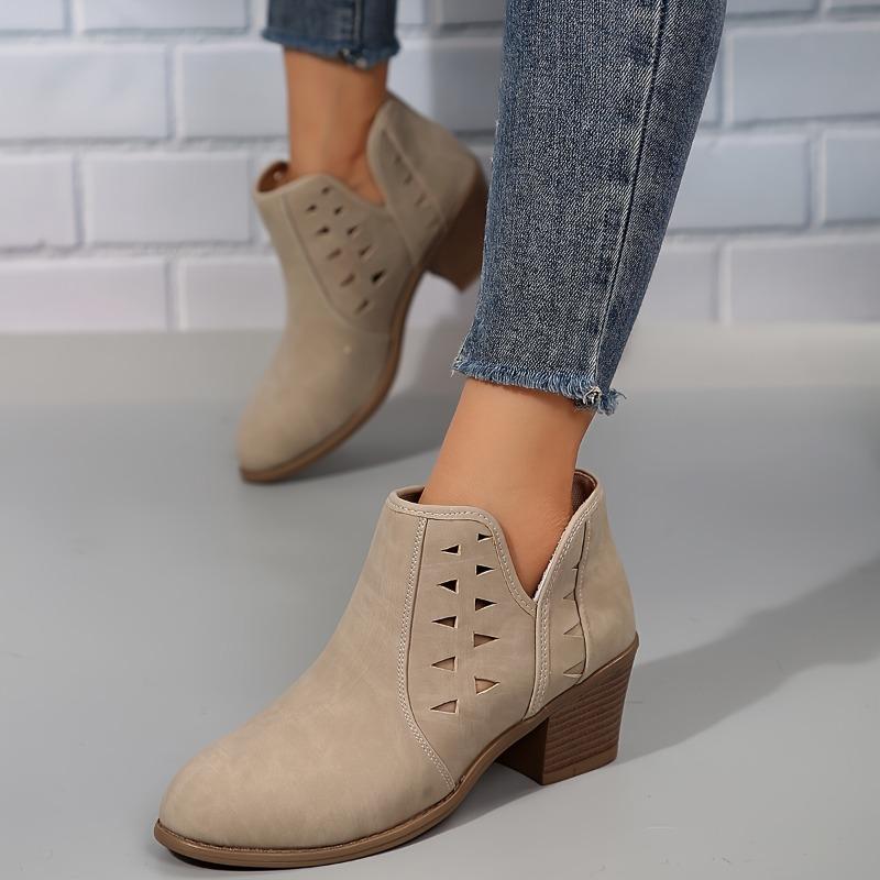 Women's Slip-On Chunky Mid-Heel Ankle Boots with Breathable Cut-Out Design - Round Toe Casual Faux Cover Booties, Fabric Lined