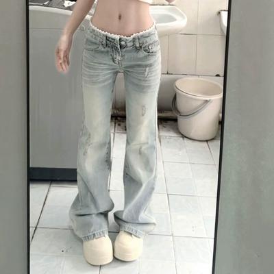 Damen Niedrige Taille Spitze Besatz Hellblau Schlagjeans Used Look Y2K Jeanshose Streetwear Hosen