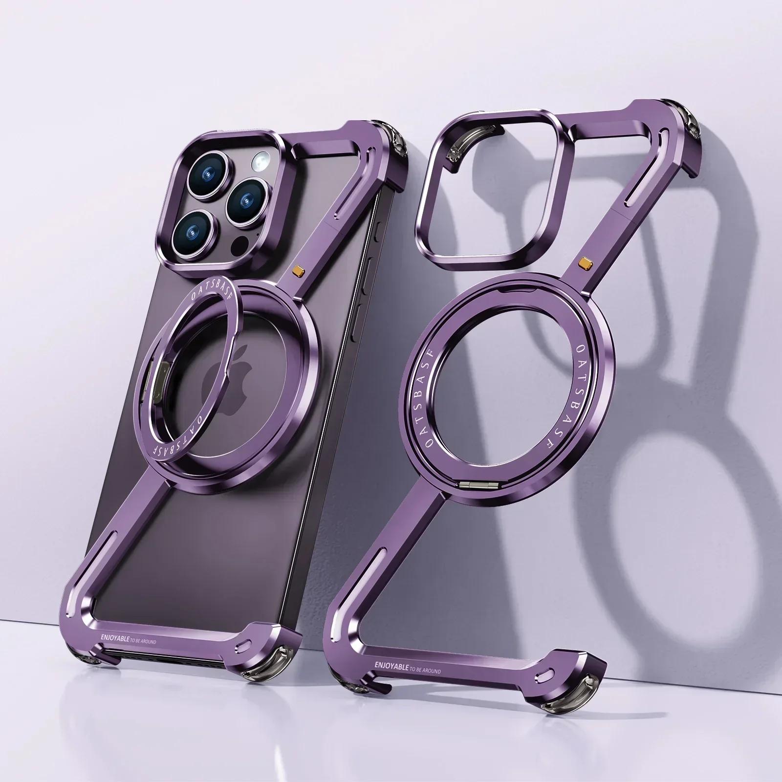 

Oatsbasf Metal Magsafe Case for iPhone 13/14/15/16 Pro Max Bazel-Less Phone Cover Magnetic Bumper w/ 360° Rotatable Ring Holder aluminum&For iPhone 16 фіолетовий