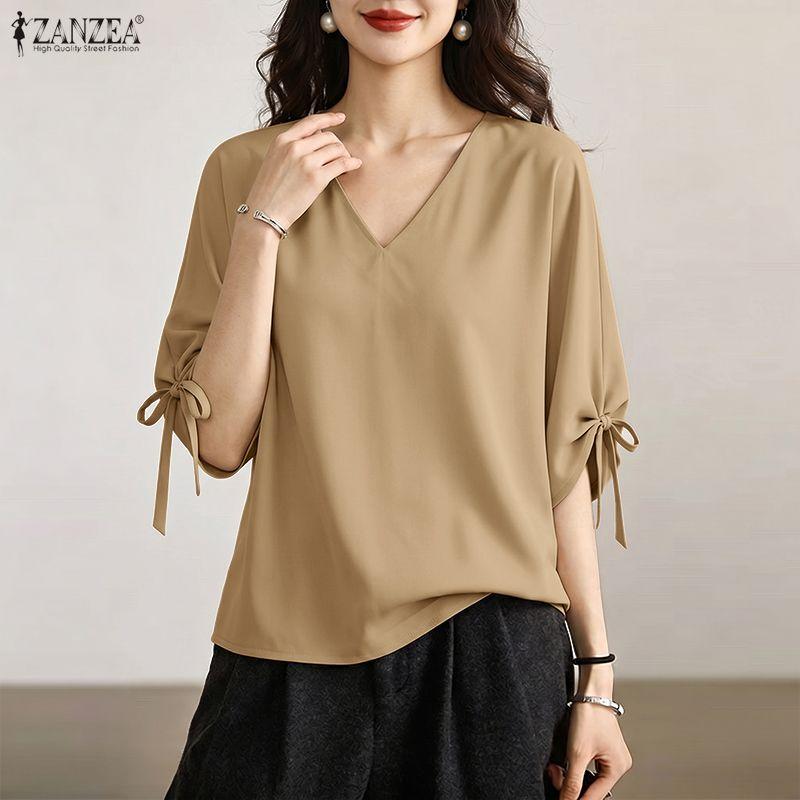 ZANZEA Women Casual V-Neck Loose Drawstring Half Sleeve Blouse
