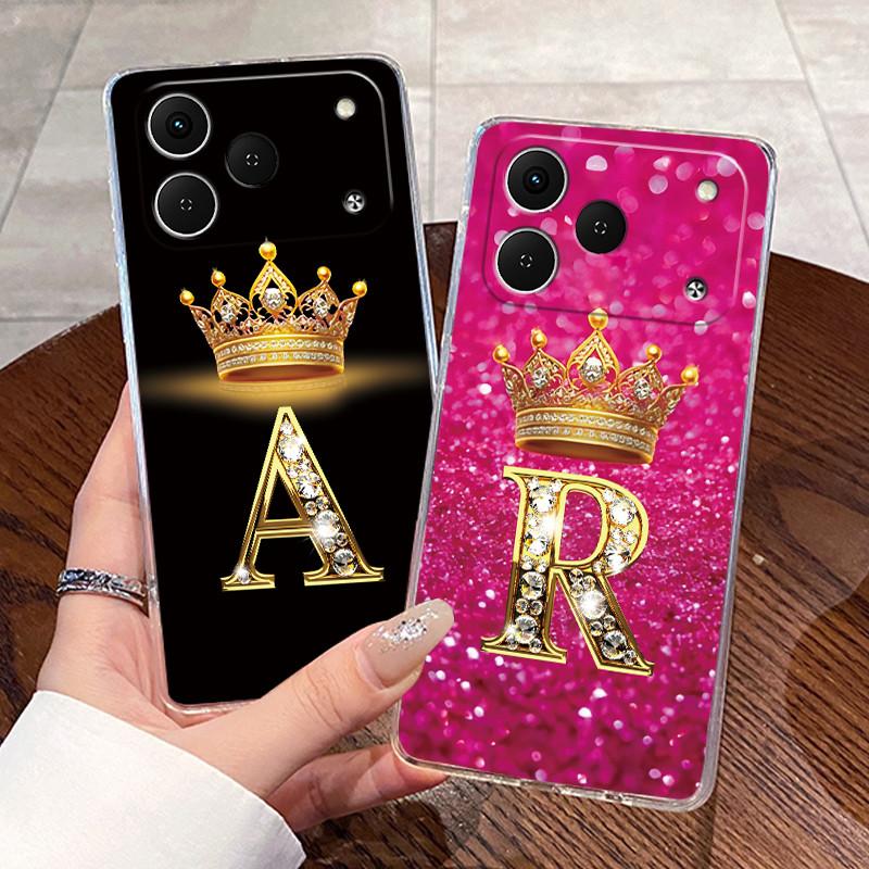 Phone Case For Tecno Spark 50 Bumper Transparent TPU Shockproof Soft Casing Crown Lucky Initial Letter Pattern Couple Shell