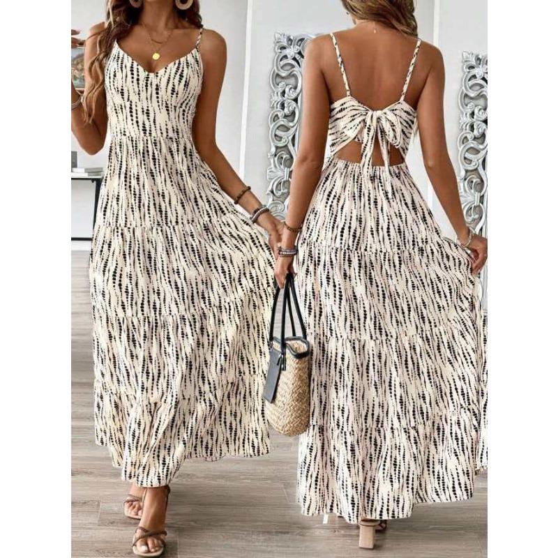 Summer new bohemian back bow holiday style print dress suspender dress S
