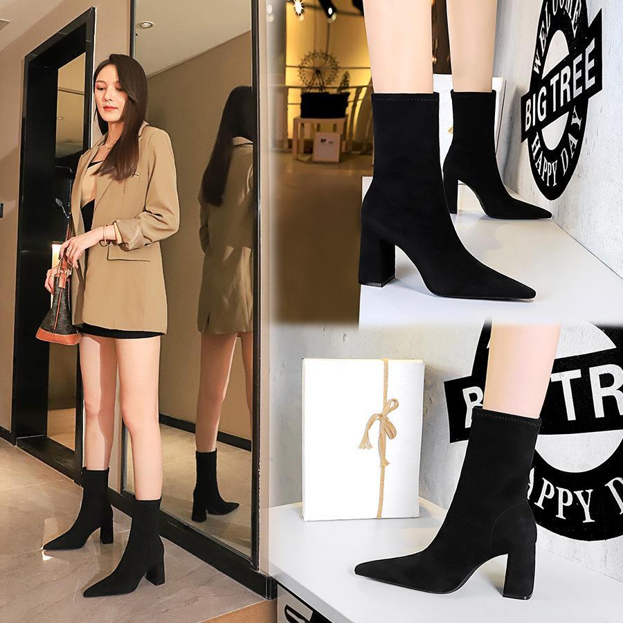 Mode Européenne et Américaine Simple et Polyvalent Talon Épais Talon Haut Daim Pointu Tube Court Bottines Courtes pour Femmes