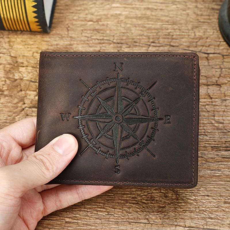 European American Foreign Trade Retro Crazy Horse Leather Men s Wallet Fashion Compass RFID Anti Theft Brushing Money Clip Men 11x2x9cm