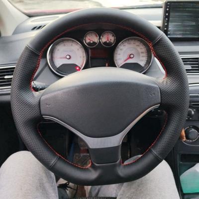 Ręcznie szyty czarny pokrowiec na kierownicę samochodową z mikrofibry i skóry, antypoślizgowy, do Peugeot 308 3008 408 508 301 307 2008