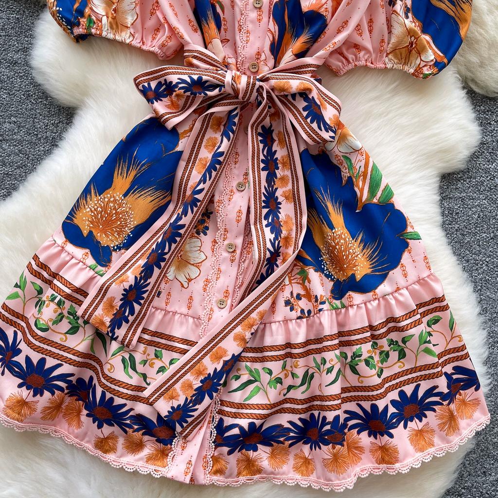 Summer Women Stand Collar Puff Sleeve Single Breasted Lace Patchwork Print Mini Short Party Dresses