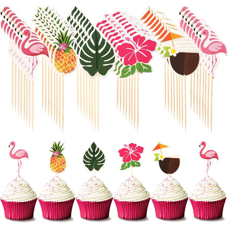 24 Stück Hawaiianische Cupcake-Topper Flamingo Ananas Palmblätter Zahnstocher Tropischer Sommer Strand Geburtstagsparty Kuchen Dekoration