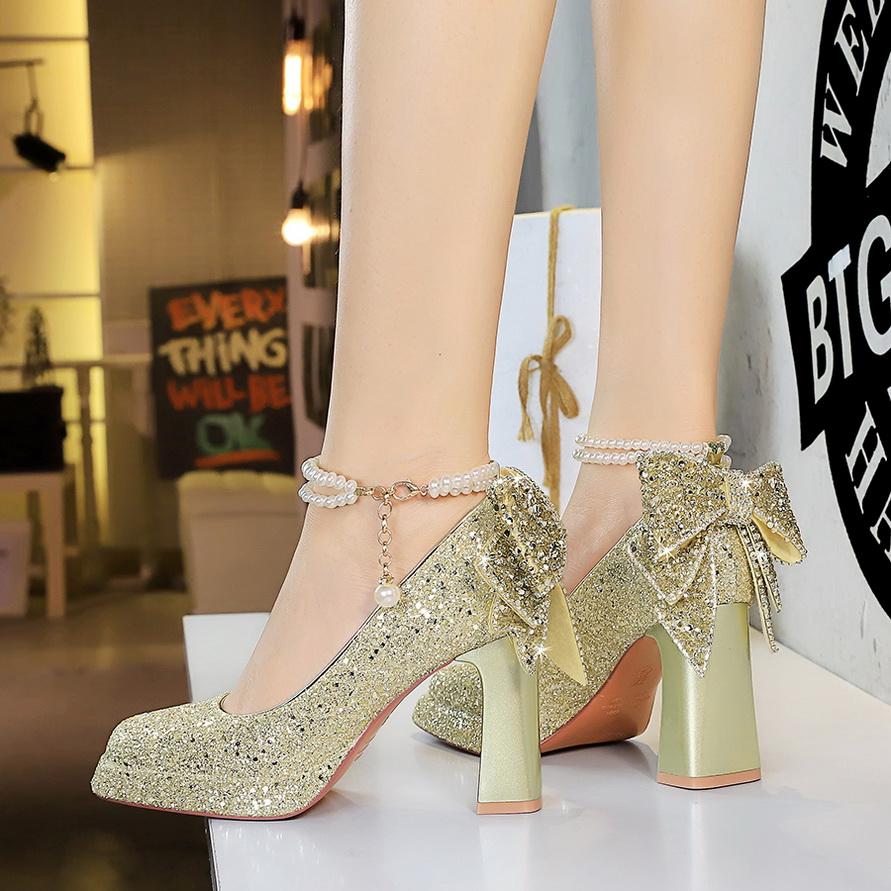 Sweet Pearl Straw High Heels Women's Water Diamond Bow Square Head Waterproof Platform Coarse Straw Shoes