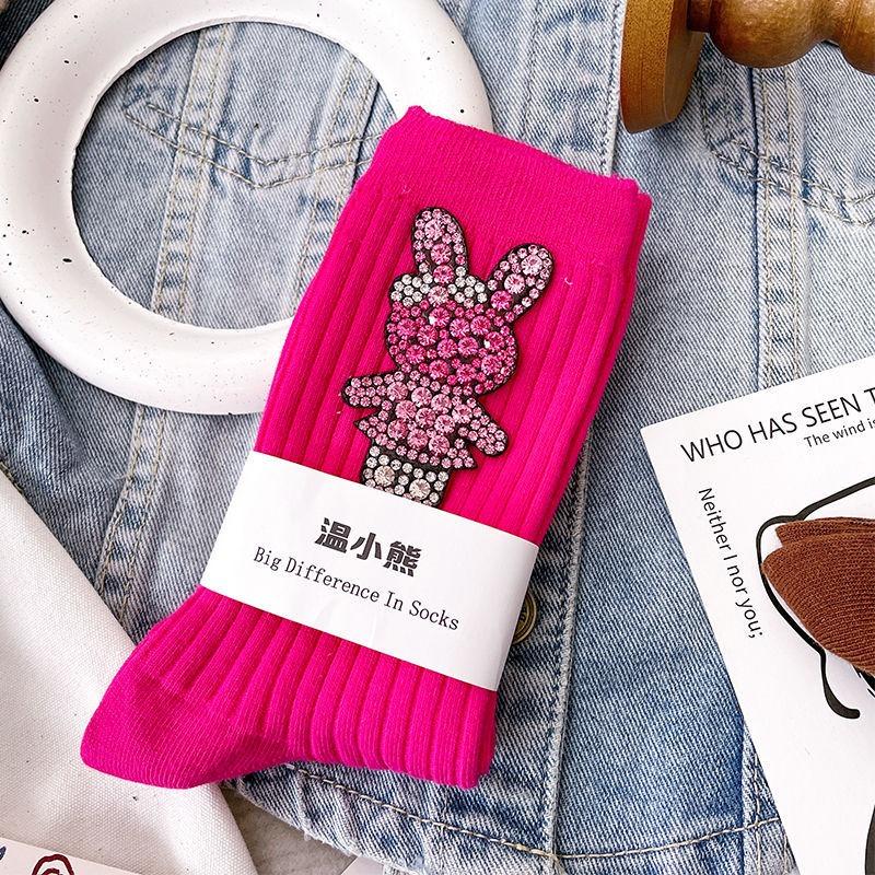 

Діамантові мультяшні шкарпетки з прикрасою у вигляді кролика, модні діамантові блискучі жіночі шкарпетки, зручні та дихаючі різдвяні панчохи 35-41