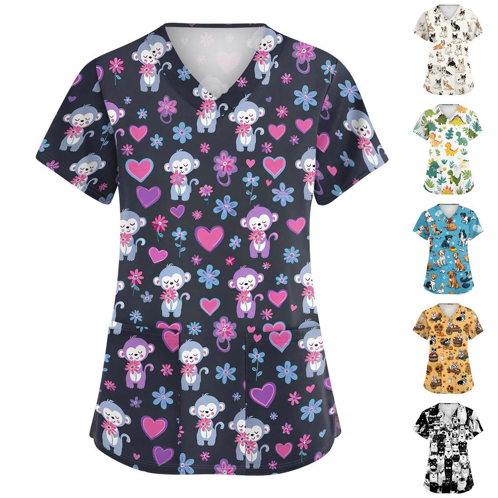 Ladies V Neck Short Sleeve Work Top with Side Slits and Pockets Animal Print Pattern Medical Scrub Shirt for Healthcare Professionals