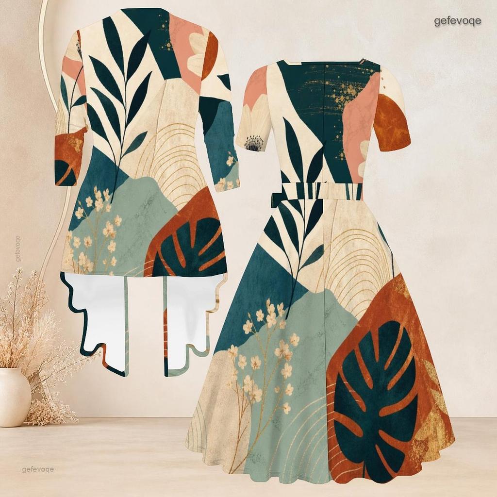 Women Plus Size Printed Two Piece Set Square Neck Short Sleeve Tie Waist Flared Dress 3 4 Sleeve Cardigan