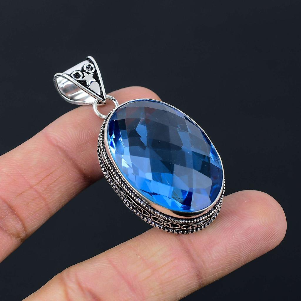 Blue Topaz Gemstone Pendant Solid 925 Sterling Silver Pendant Jewelry Gift For Unisex LG-021