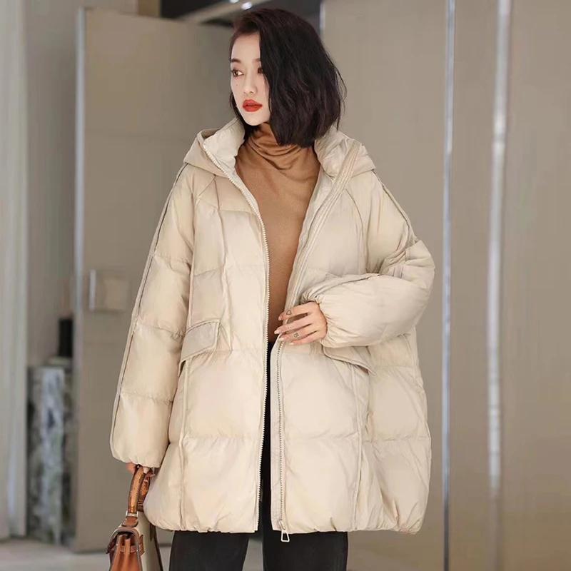 Mulheres Branco Duck Down Jacket Casual Solto Over Size Quente Parka Feminino Cordão Capuz Puffer Casaco