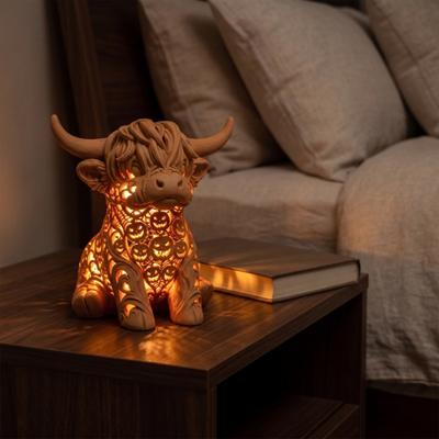 Decorative Figurine for Home Highland Cow Tea Light Candle Holder, 3D Printed with LED Unique Accents Light, Warm Tabletop Decor Bedroom Desk