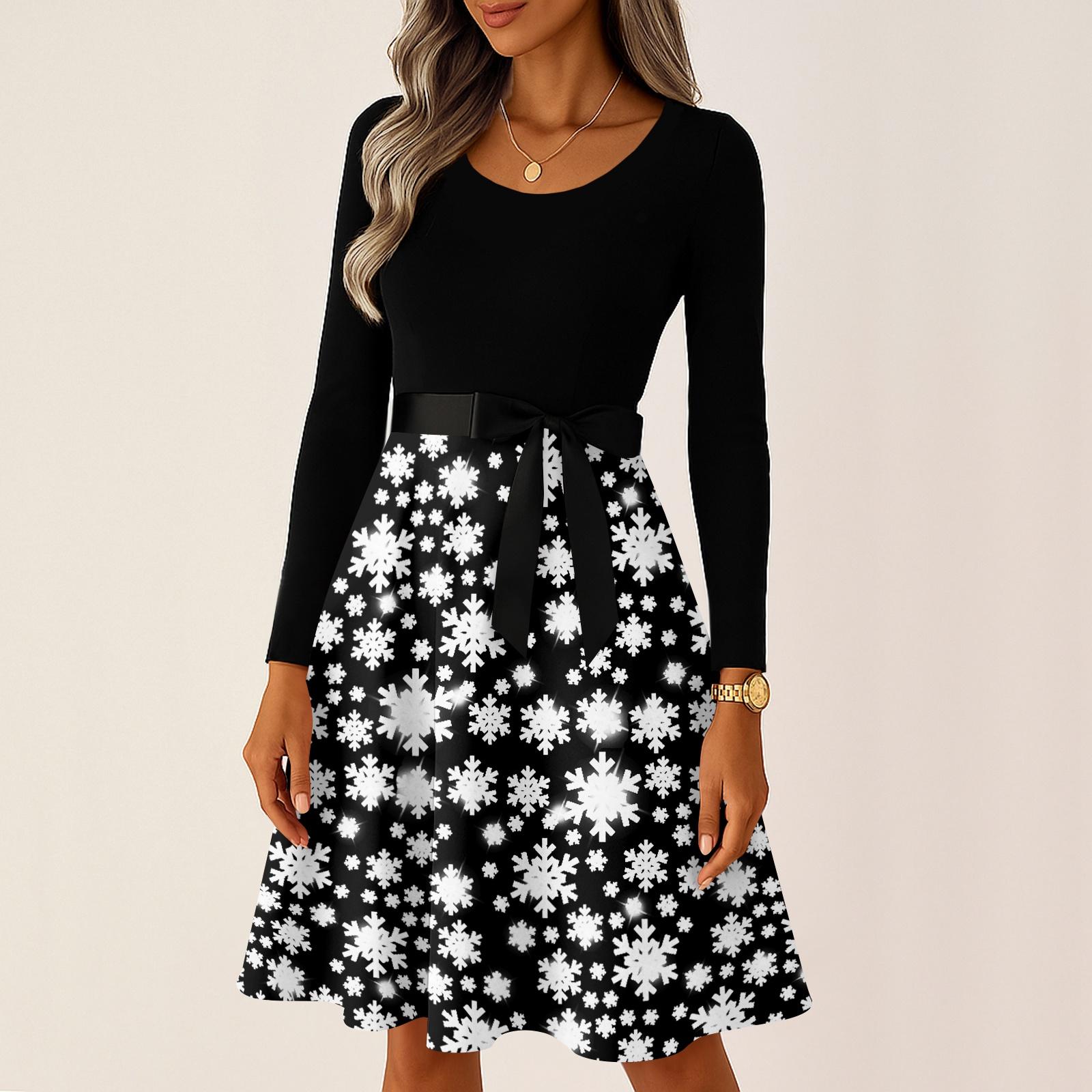 

Женские повседневные модные длинные платья с рождественским графическим принтом и длинными рукавами в винтажном стиле L чёрный