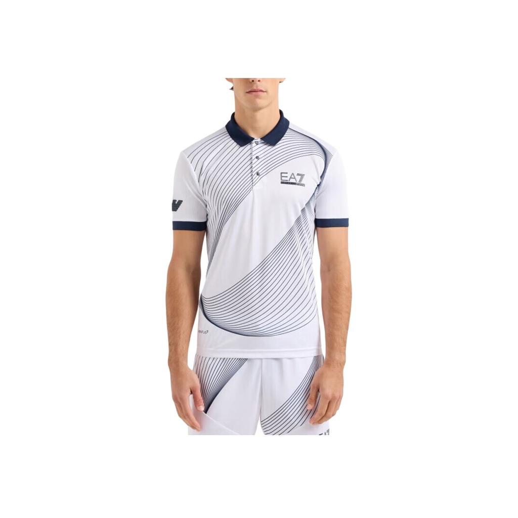 Emporio Armani EA7 SS24 Striped Logo Letter Print Short Sleeve Polo Shirt Men Tops White 3DPF09-PJPCZ-1100