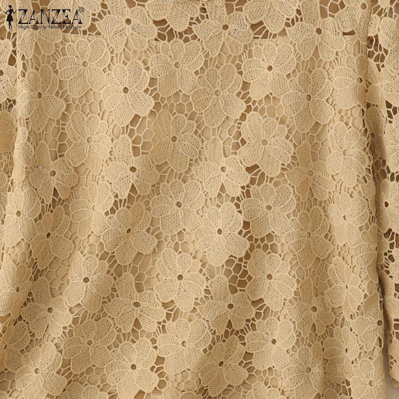 ZANZEA Women Summer Round Neck 3/4 Sleeve Casual Patchwork Lace Crochet Blouse