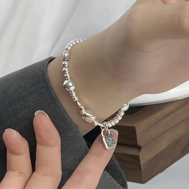 PONYKISS  Sterling Silver Square Pendant Round Bead Charm Bracelets for Women Minimalist Trendy Fine  Accessories