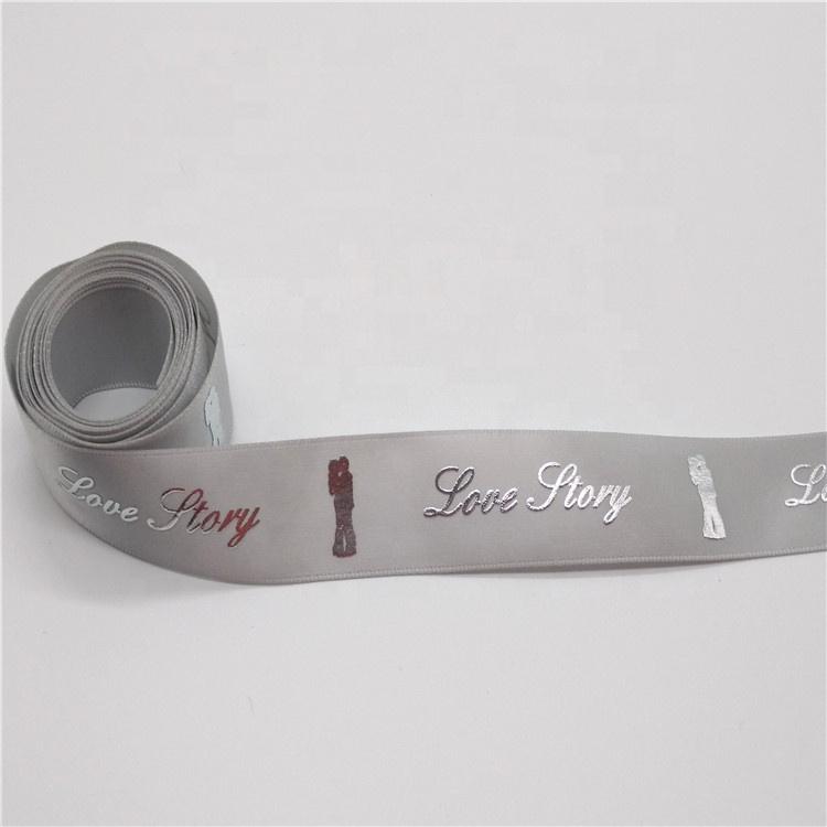 New Arrival Puff and Silver Foil Raised Printed Satin Ribbon With Love Story Logo in Stock Sale