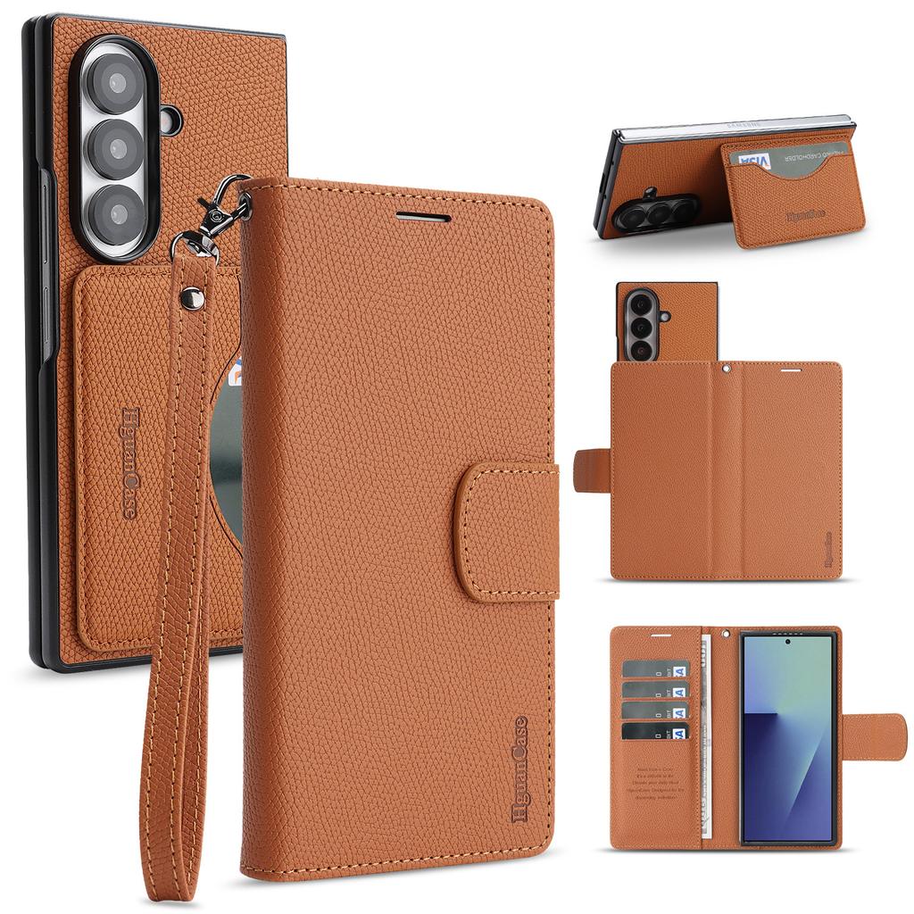 Detachable Leather Case for Samsung Galaxy Z Fold 7 ZFold 6 5 4 3 RFID Blocking Multiple Card Holder Wallet Phone Cover+Lanyard
