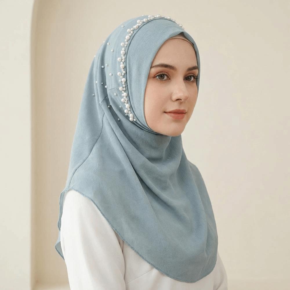 Pull On Style Hijab Scarf Solid Color Sun Protection Headscarf Cute Beads Hijab Girls