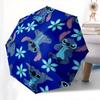 Disney Stitch,Blue Flowers,Cartoon Pattern Manual Opening and Closing Umbrella - 8-Rib Reinforced Folding Design, Lightweight and Portable,