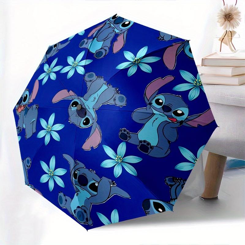 Disney Stitch,Blue Flowers,Cartoon Pattern Manual Opening and Closing Umbrella - 8-Rib Reinforced Folding Design, Lightweight and Portable,