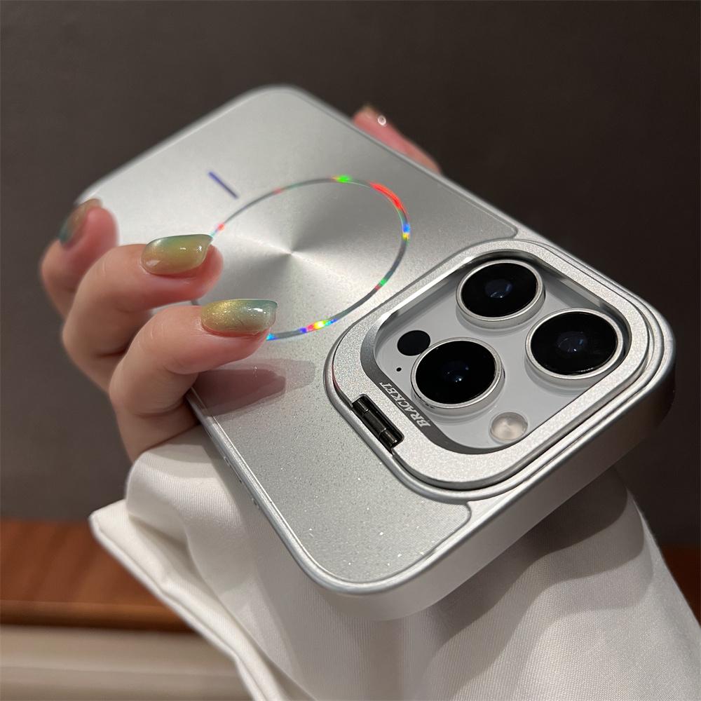 Flip Bracket Lens Protection Stand For Magsafe Magnetic Case For iPhone 14 15 16 17 Pro Max 13 12 11 Laser Aurora Bling Cover