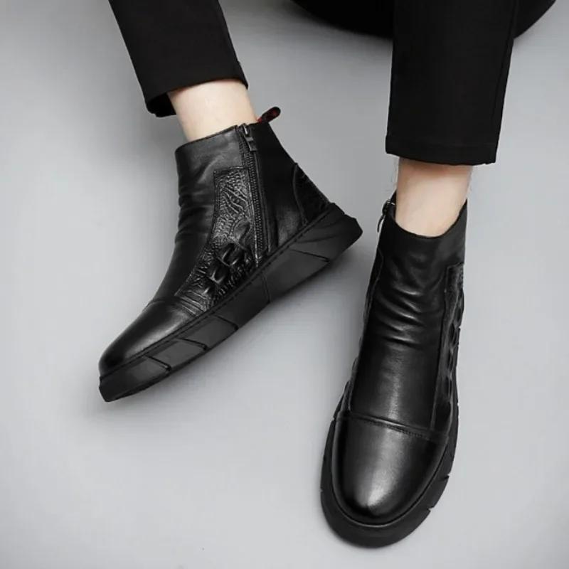 Ghete Bărbați High Top Fashion Model Crocodili Casual Ghete Piele Căptușite Călduroase Ghete de Iarnă pentru Bărbați Antiderapante de Lucru Siguranță