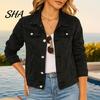 Women Jean Jacket Women's Long Sleeve Cropped Denim Jacket, Button Down Lapel Jeans Coat with Pockets, Fall Spring Lightweight Outerwear