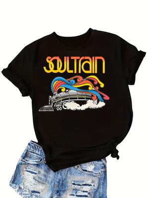 Soul Train Retro Womens Tee  70s Disco Graphic Casual Black Top
