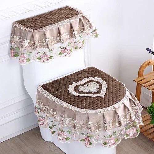 Μαξιλάρι τουαλέτας με δαντέλα Four Seasons Σετ καθίσματος τουαλέτας με εκτύπωση φανέλας τριών τεμαχίων με φερμουάρ σε σχήμα U Beauty κάλυμμα για τη σκόνη τουαλέτας