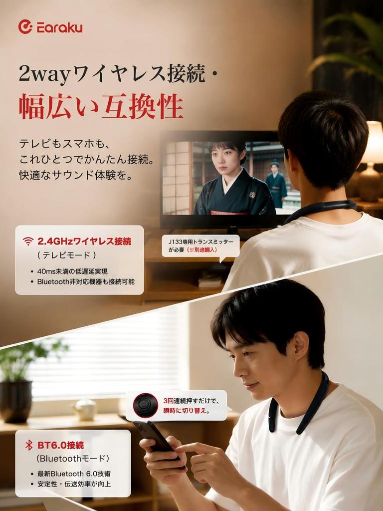Earaku J133 Neck Speaker SUMMER Award TV Compatible Bluetooth Supports Simultaneous Connection of Multiple Devices [VGP2026 Winner] 6.0