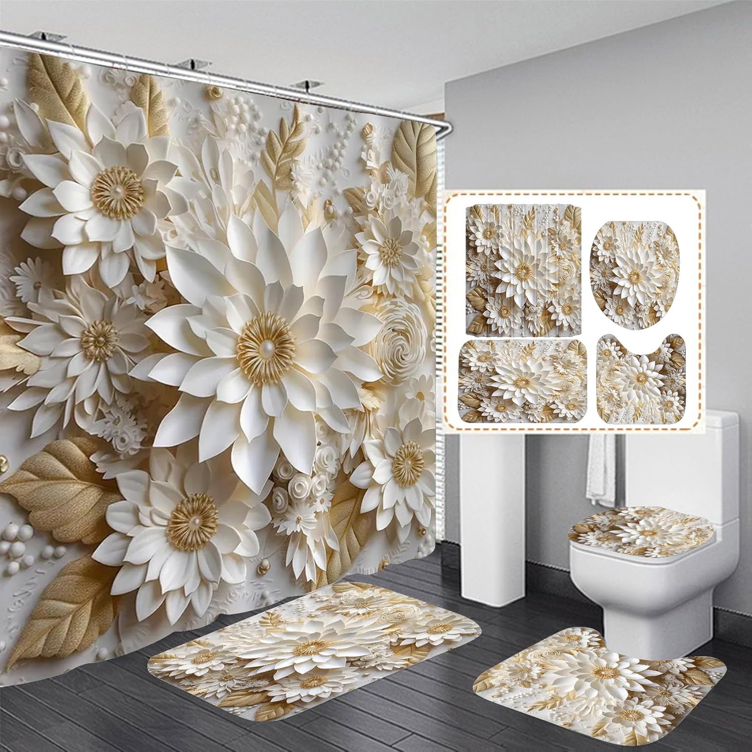 

Набор из 4 предметов: шторка для душа для ванной комнаты, шторка для ванной комнаты с белыми цветами, 12 крючков, нескользящие коврики, коврик для крышки унитаза, перегородка для ванной комнаты 4Pcs set