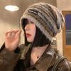 Retro Maillard Striped Plush Pile Hat for Women In Autumn and Winter Warm Versatile Big Head Circumference Showing Face Small Knitted Hat Trendy