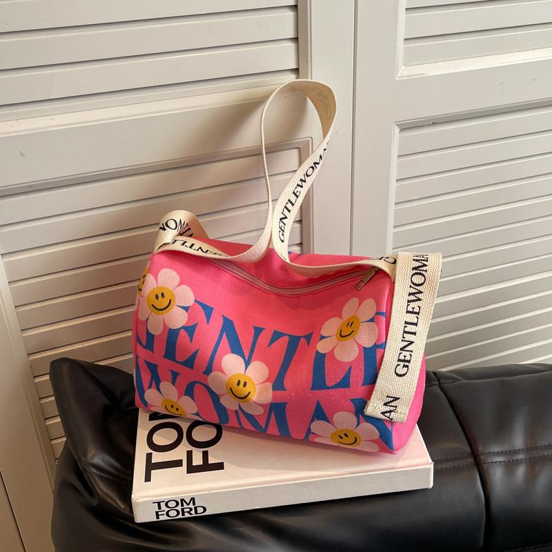 Cute Painted Floral Canvas Bag 2023 New Casual Shoulder Bag Cross-border Fashion Bear Grid Blue Red