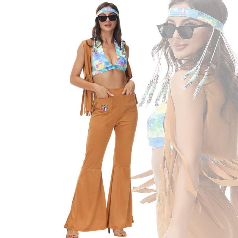 Retro 70s Hippie Costume Halloween Party Disco Outfit Womens Stage Performance